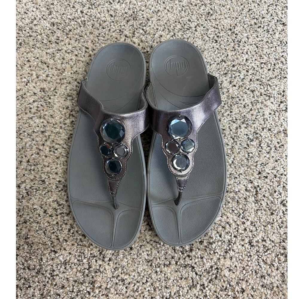 Fitflop Womens Lunetta Thong Sandals Size 10 Pewter Rhinestones Walking Casual